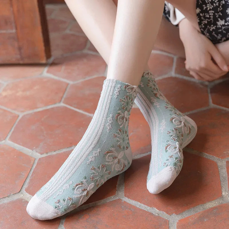 Elegant Flower Embroidery Women Socks | Kawaii Retro Style