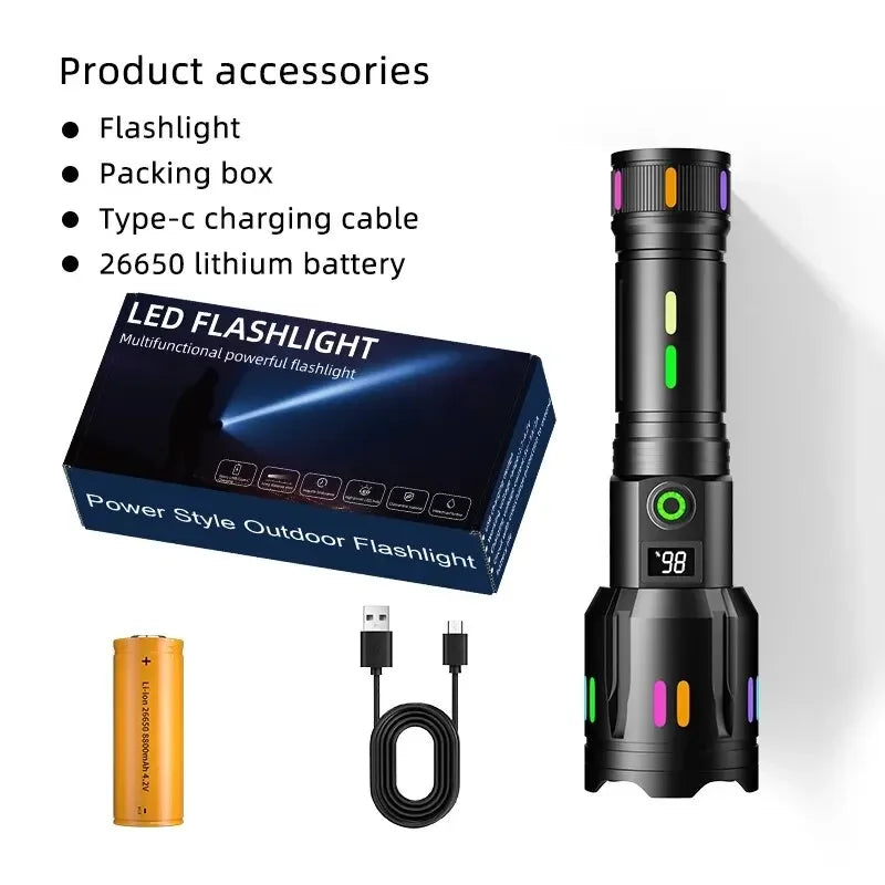 High Power Long Range LED Flashlight | Zoom & Colorful Light