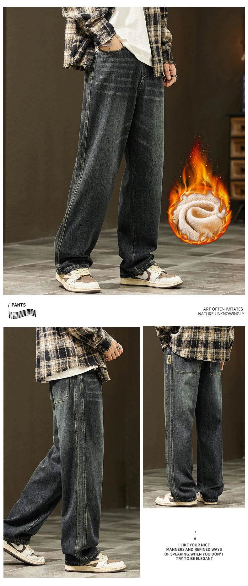 Winter Fleece Thick Cotton Jeans — Warm Korean Velvet Loose Wide Pants for Men, Elastic Waist Plush Tapered Outdoor Trousers