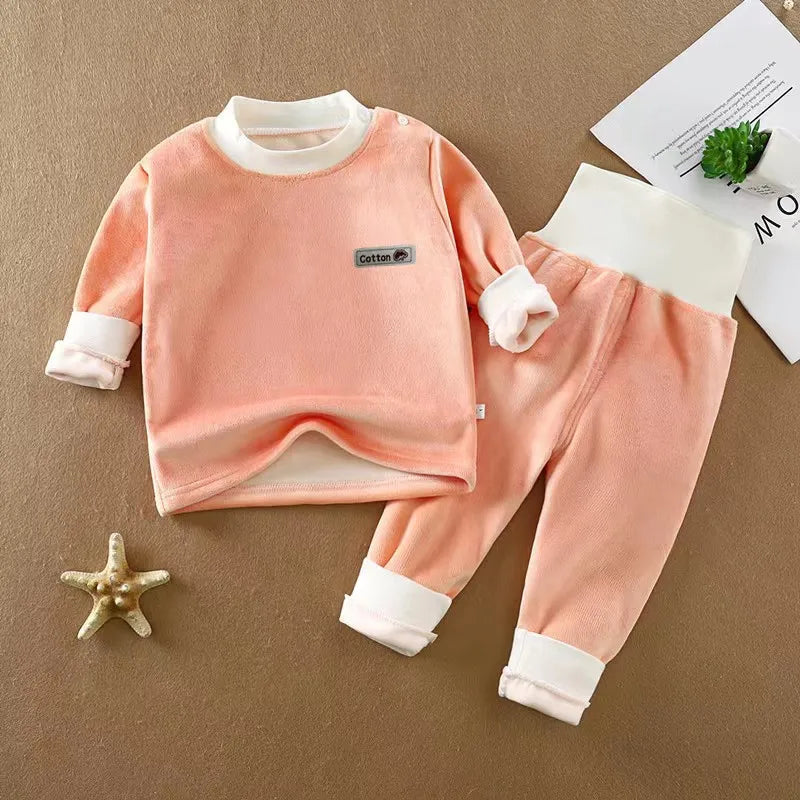Unisex Kid's Fleece-Lined High Neck Top & Pants Set for Daily Wear