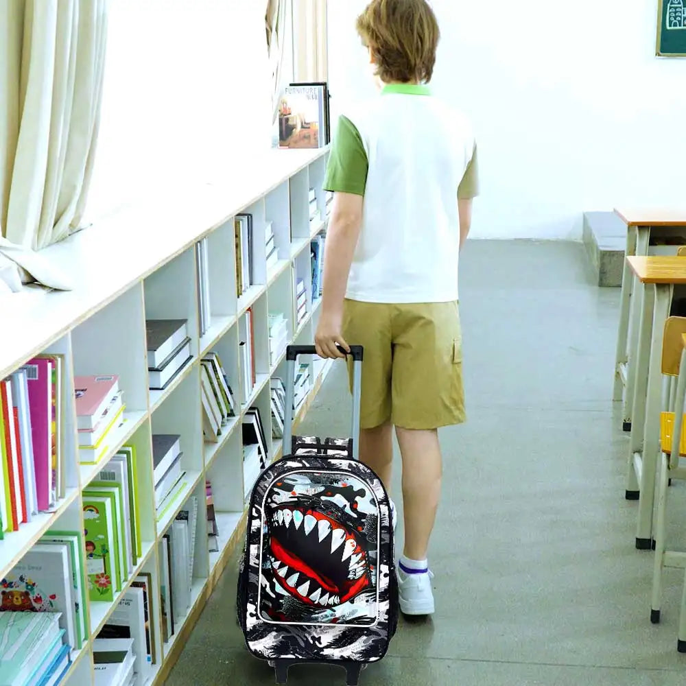 3PCS Shark Rolling Backpack for Boys | Kids Wheeled School Bag