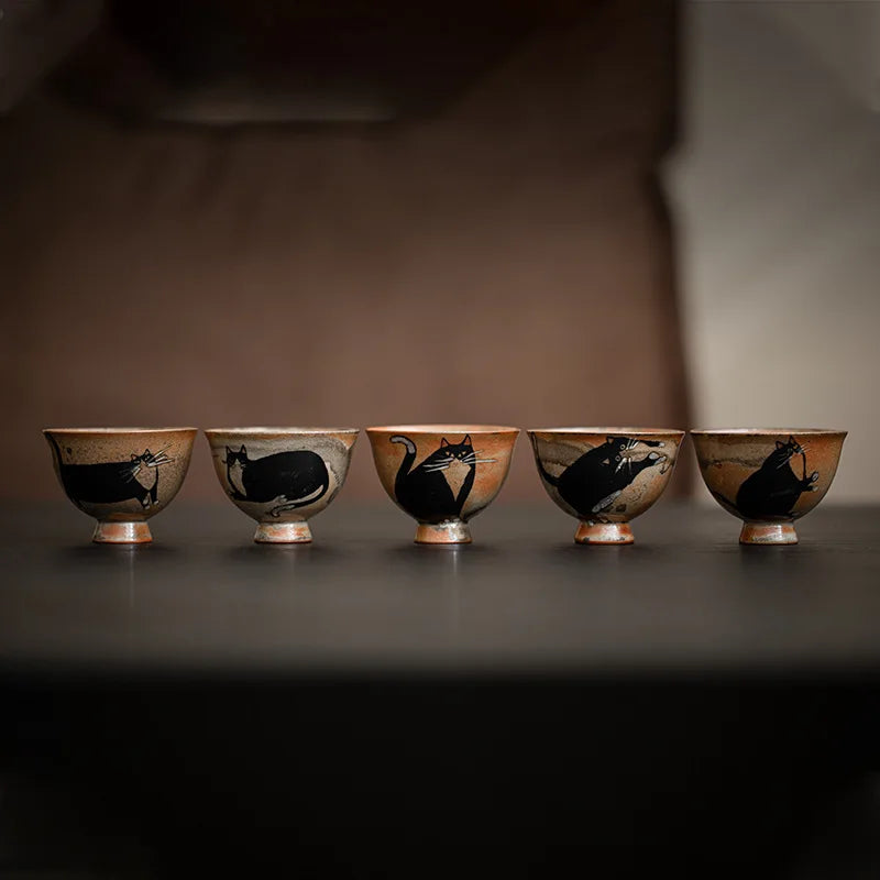 Cute Black Cat Teacup | Elegant Ceramic Tea and Sake Cups Set