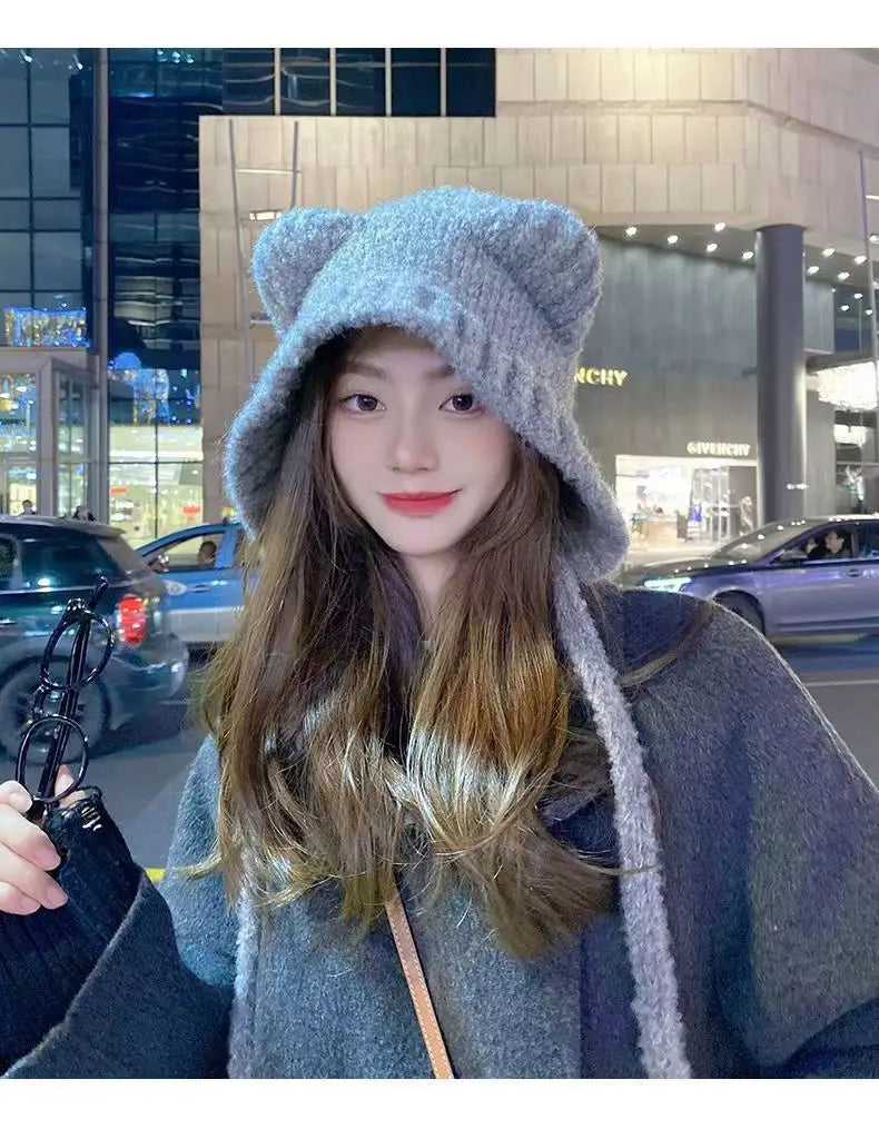 Women's Cute Bear Ear Plush Beanie | Cozy Winter Bomber Hat