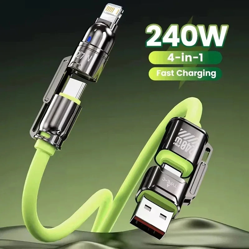 240W Super Fast Charging 4 In 1 Data Cable Dual Type-C+Lightning+USB Ports Phone Charging Cable For iPhone Samsung Huawei Xiaomi