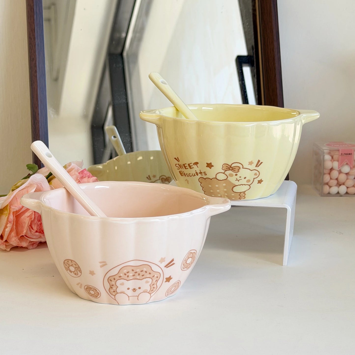 6.2in Cute Animal Double-ear Bowl with Spoon | Versatile Dining Bowl