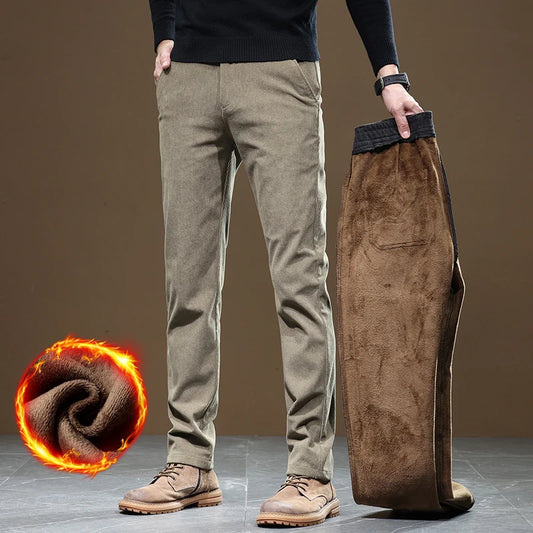 2026 Winter Fleece Warm Corduroy Pants Men Slim Fit Stretch Thick Fluff Business Casual Trousers Gray Khaki
