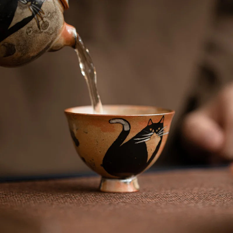 Cute Black Cat Teacup | Elegant Ceramic Tea and Sake Cups Set