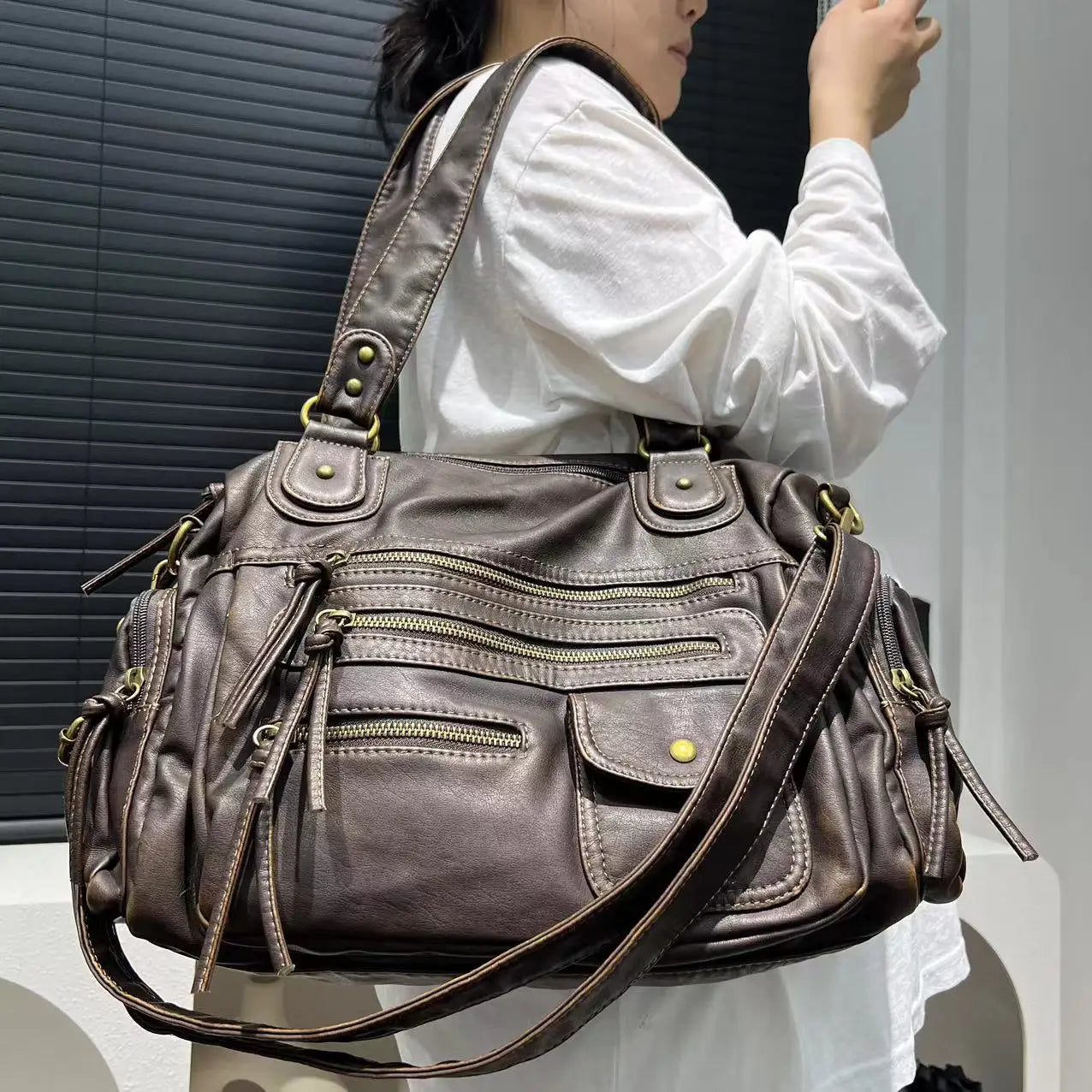 Vintage Washed Leather Crossbody Bag | Large Capacity Multi Pocket