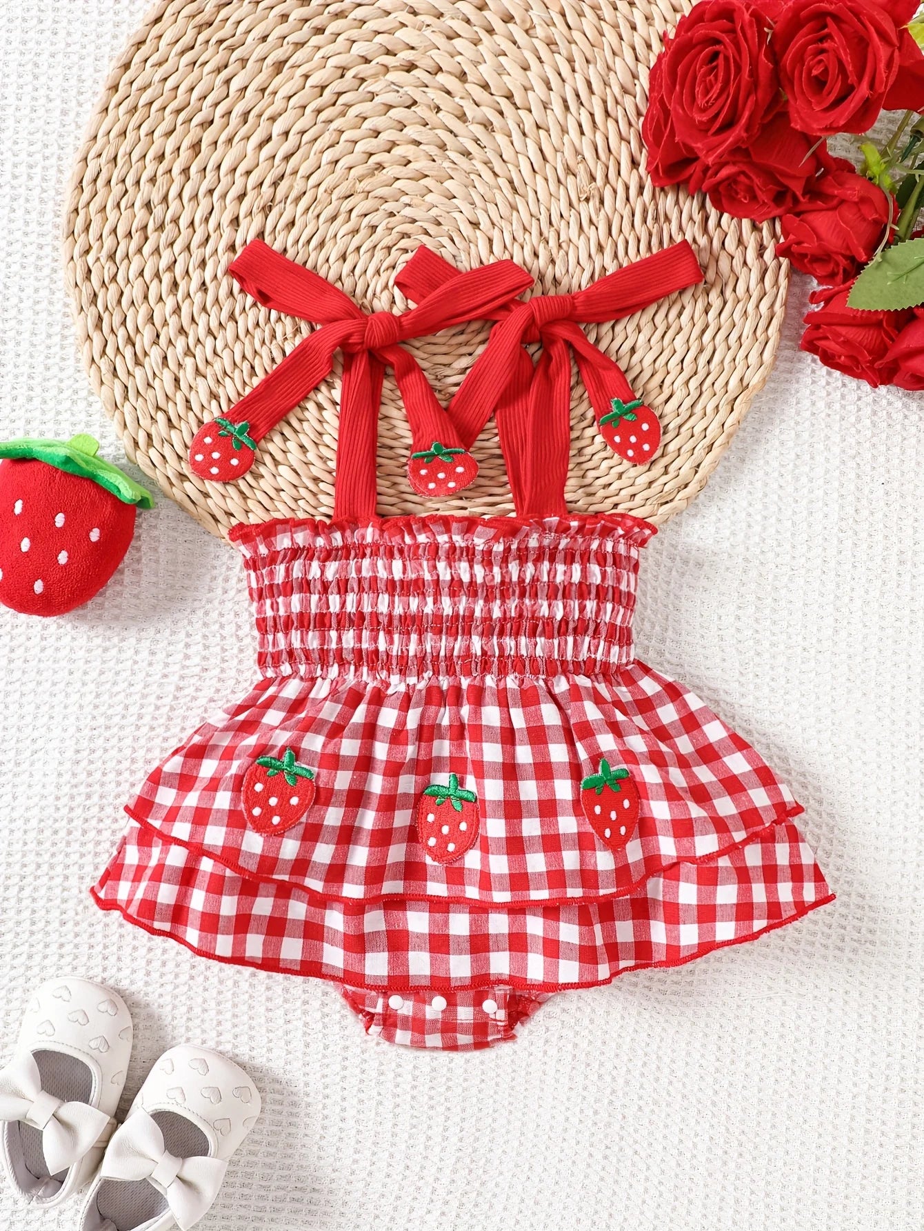 Baby Girl Strawberry Gingham Smocked Romper Dress | Adorable Summer Outfit