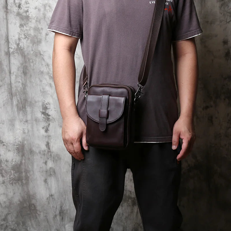 NZPJ Vintage Genuine Leather Men's Shoulder Bag Natural Cowhide Crossbody Bag Casual Small Backpack Suitable for 8-inch iPad