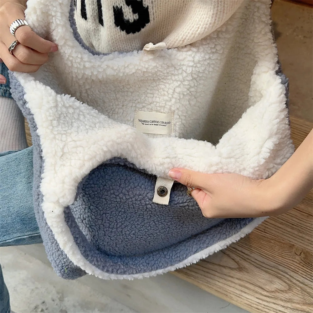 Reversible Plush Shoulder Bag for Women | Warm Fabric Tote