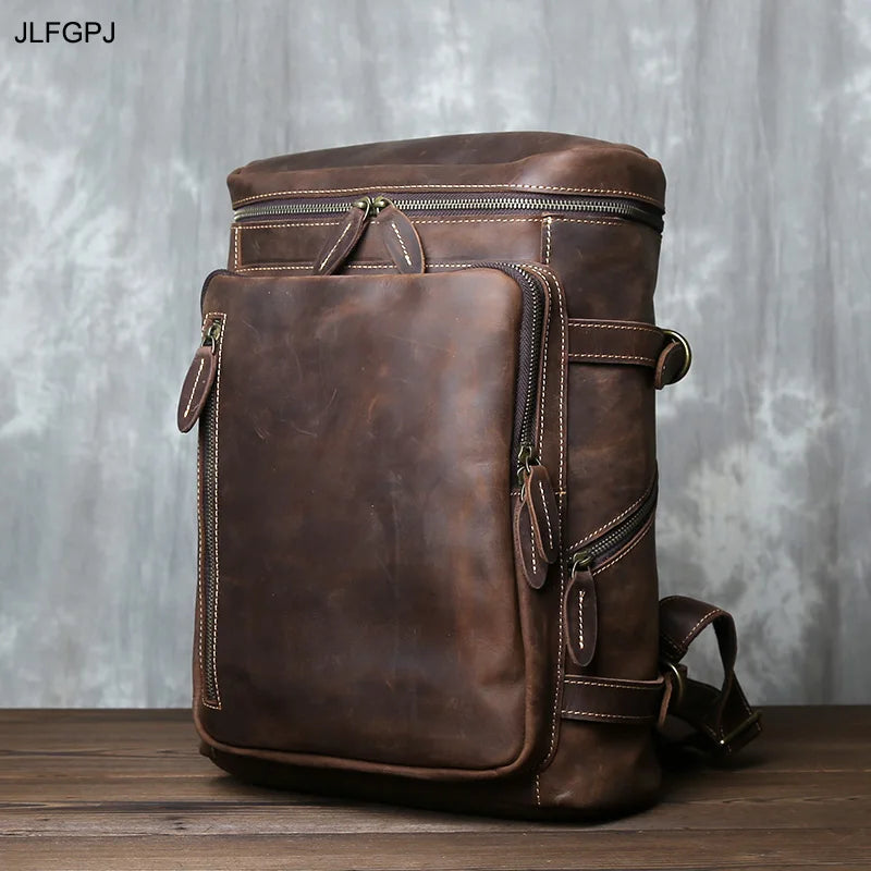 Retro Leather Vertical Backpack | Large Capacity Travel Bag for Men