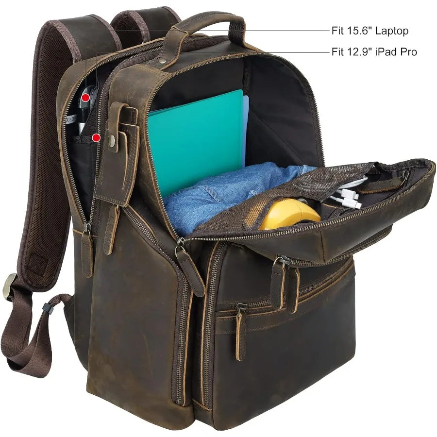 Mochila de cuero vintage para portátil para hombre | Elegante mochila multi-bolsillo