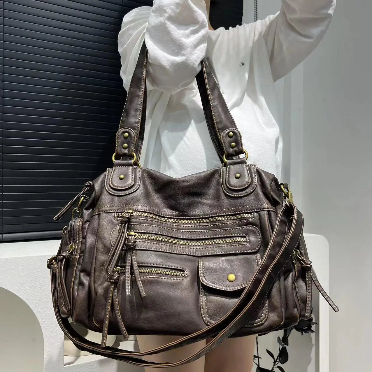 Vintage Washed Leather Crossbody Bag | Large Capacity Multi Pocket