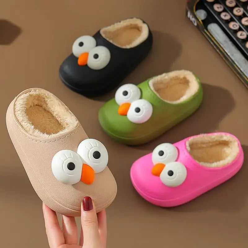 Kids 3D Big Eyes Animal Print Plush Slippers | Cozy Winter Shoes