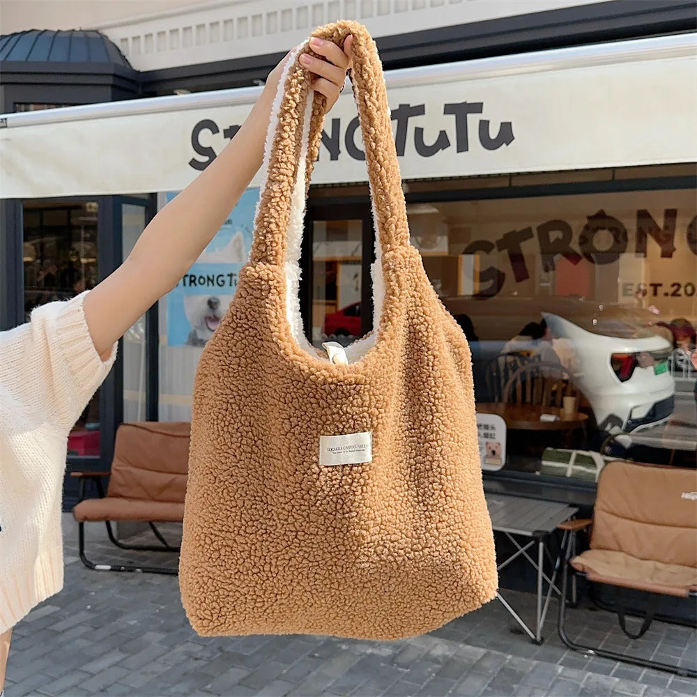 Reversible Plush Shoulder Bag for Women | Warm Fabric Tote