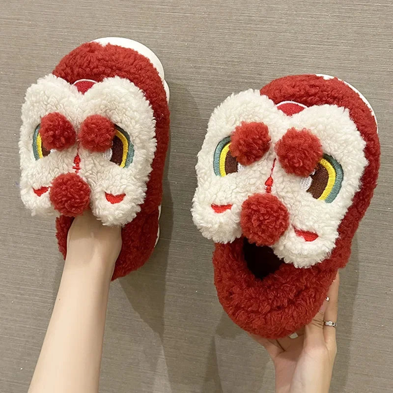 Cute Lion Dance Plush Slippers | Cozy Warm Winter Slides