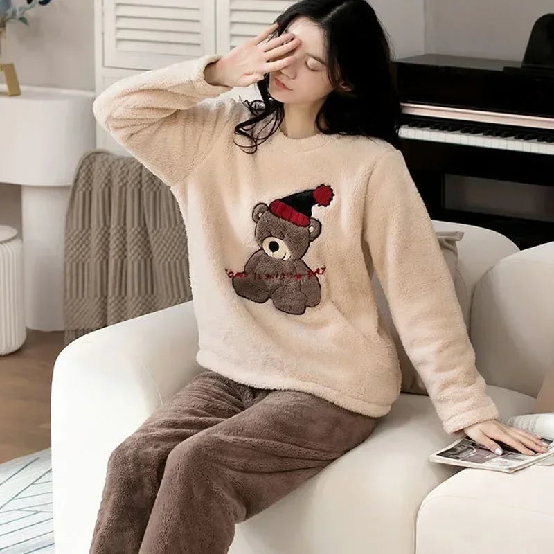 Cozy Cartoon Bear Flannel Loungewear Set for Couples