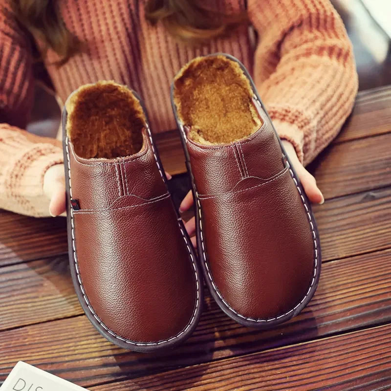 Couples Leather Plush Winter Slippers | Cozy Waterproof Shoes
