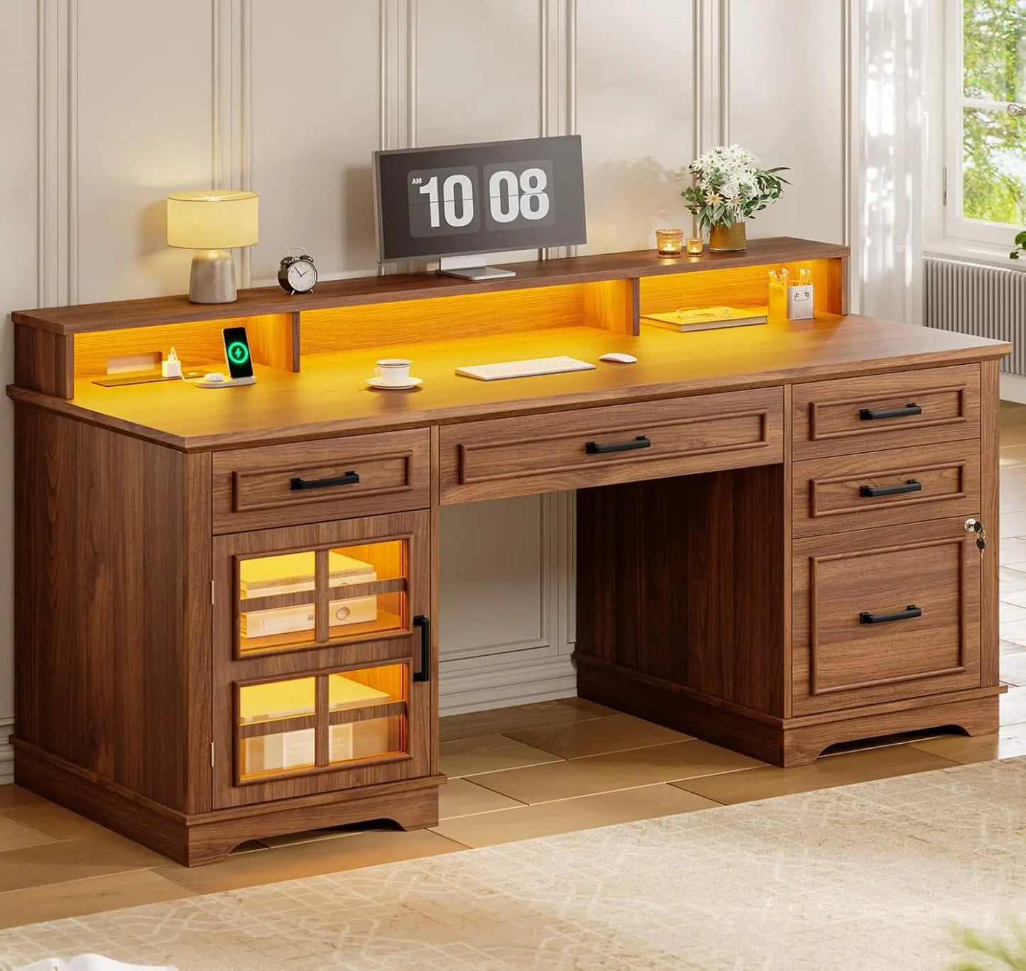 Stylish 60'' Farmhouse Executive Desk with Outlet & LED Light