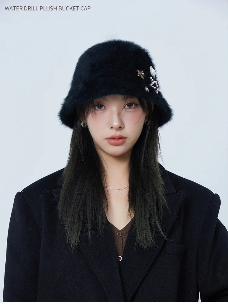 Oversized Rhinestone Rabbit Fur Bucket Hat | Stylish Warm Winter Cap