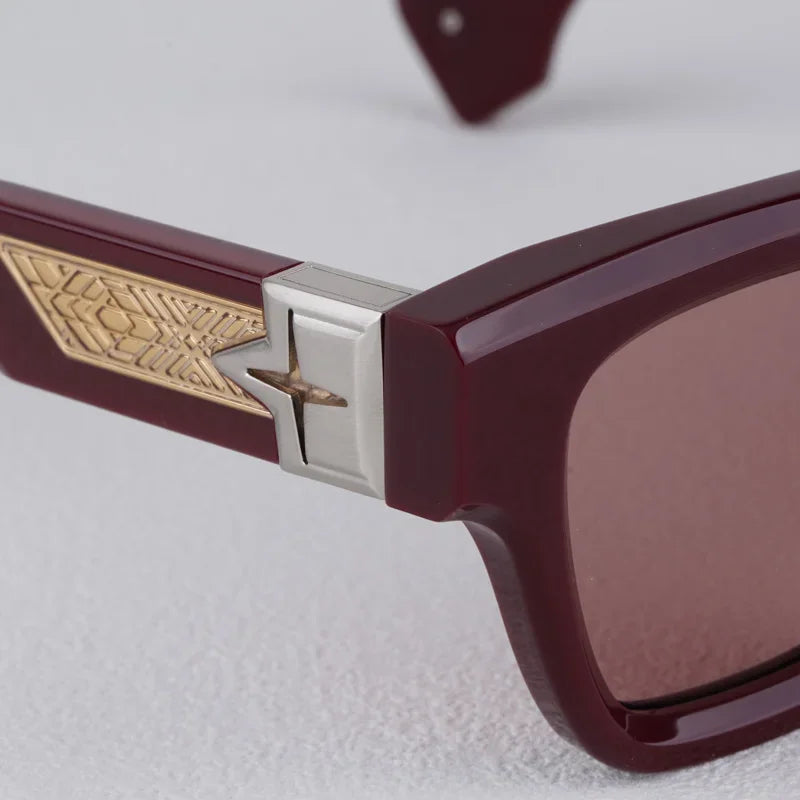 Luxurious Dark Red Thick Frame Sunglasses with Gold Details