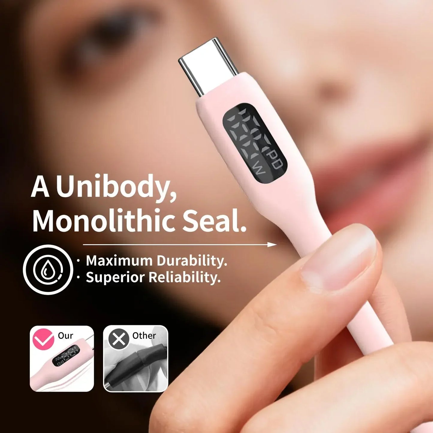 USB C Super Fast Charging Cable with Cute Pink LED Display