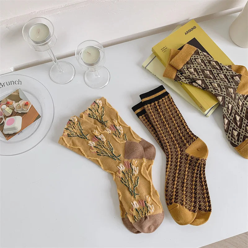 Cute Pink Flower Embroidery Socks for Women | Kawaii Retro Style