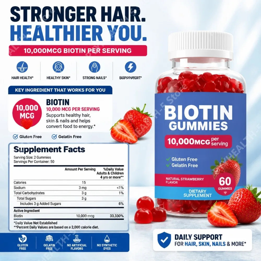 Biotin Gummies for Hair Growth | Delicious Strawberry Flavor