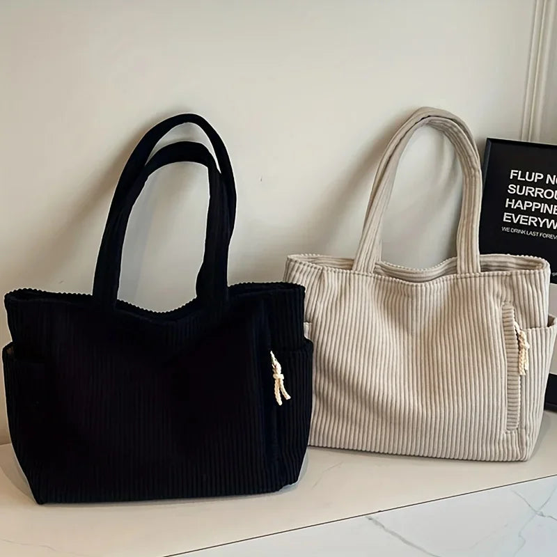 Bolso tote de pana espacioso con cremallera | Bolso de mano elegante