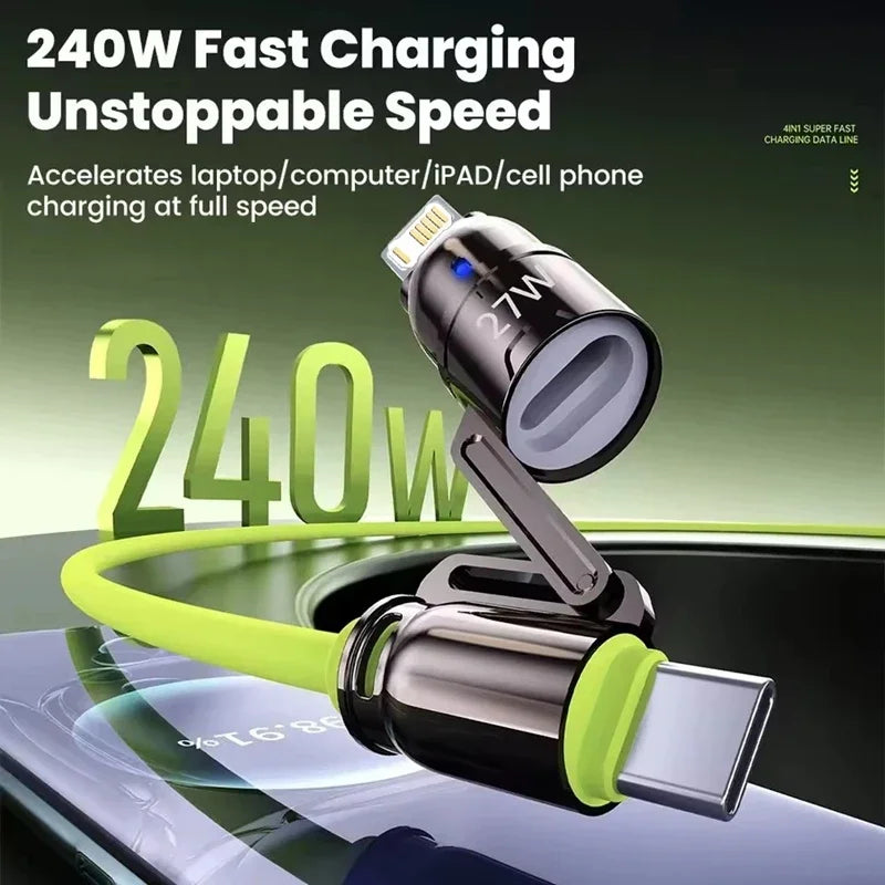 240W Super Fast Charging 4 In 1 Data Cable Dual Type-C+Lightning+USB Ports Phone Charging Cable For iPhone Samsung Huawei Xiaomi