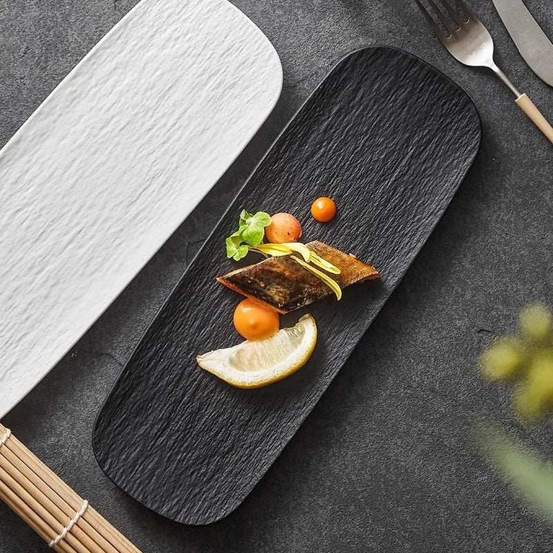 Stone Patterned Frosted Ceramic Sushi Plate | Elegant Dim Sum Dish