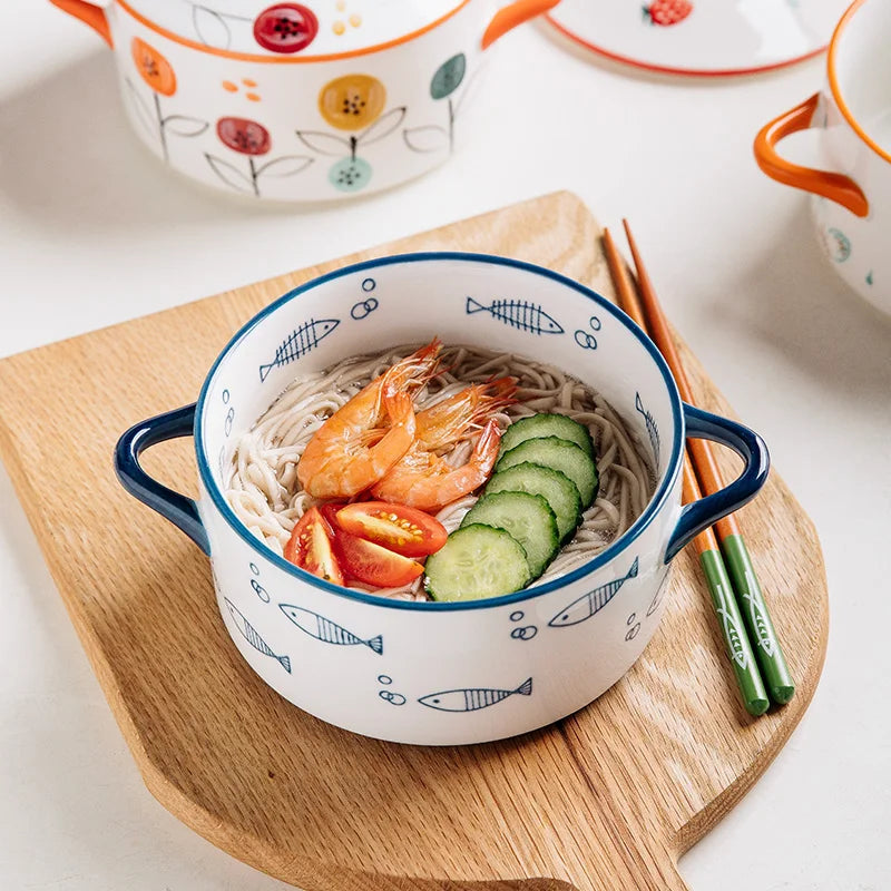 Ceramic Double Ear Bowl with Cover | Perfect for Noodles & Soup
