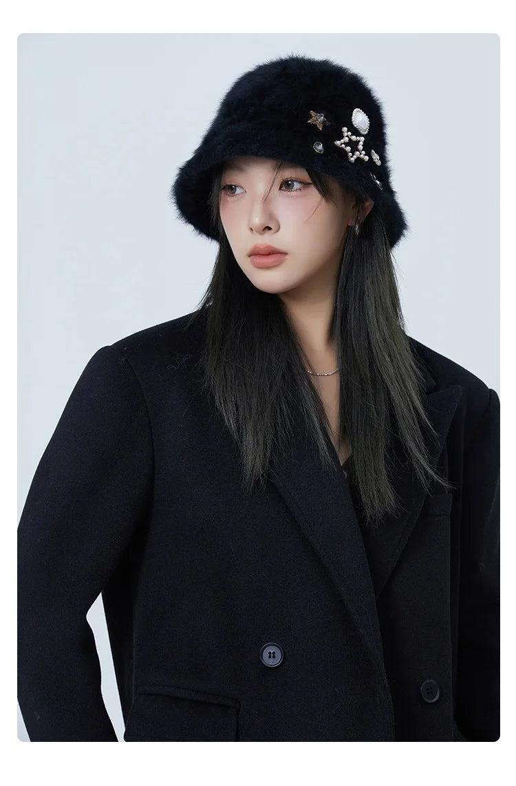 Oversized Rhinestone Rabbit Fur Bucket Hat | Stylish Warm Winter Cap