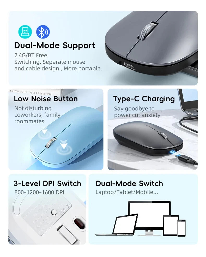 Silent Click Wireless Mouse | Ergonomic Portable Rechargeable Device