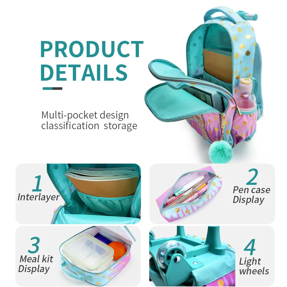 3PCS Rolling Backpack Set for Girls | Stylish School Bag