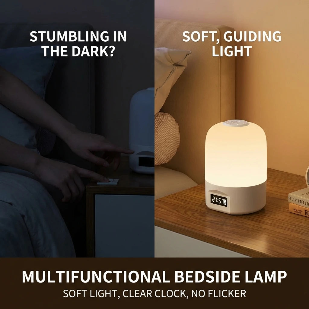 Touch Control LED Bedside Lamp with Clock & Dimmable Light