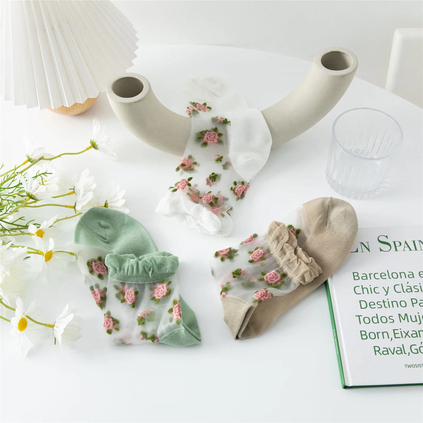 Women's Ultra-thin Lace Ruffle Socks | Vintage Rose Floral Style