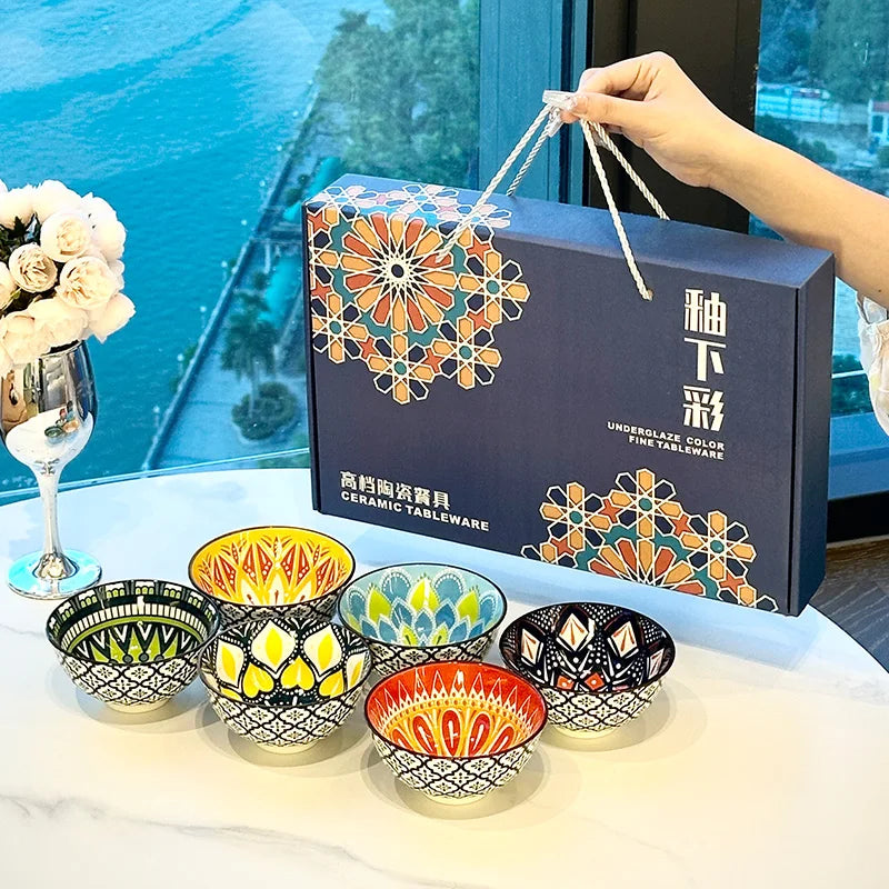 6-Piece Handmade Bohemian Ceramic Bowls Set | Microwave & Dishwasher Safe