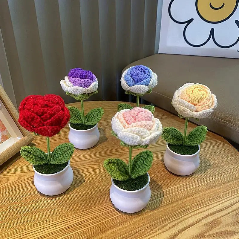 Hand Woven Potted Flower Decoration | Knitted Sunflower Bouquet