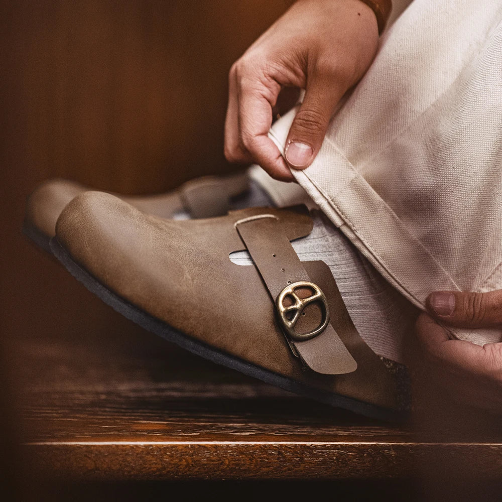 Men's Vintage Brown Leather Mules | Comfortable Slide-On Slippers