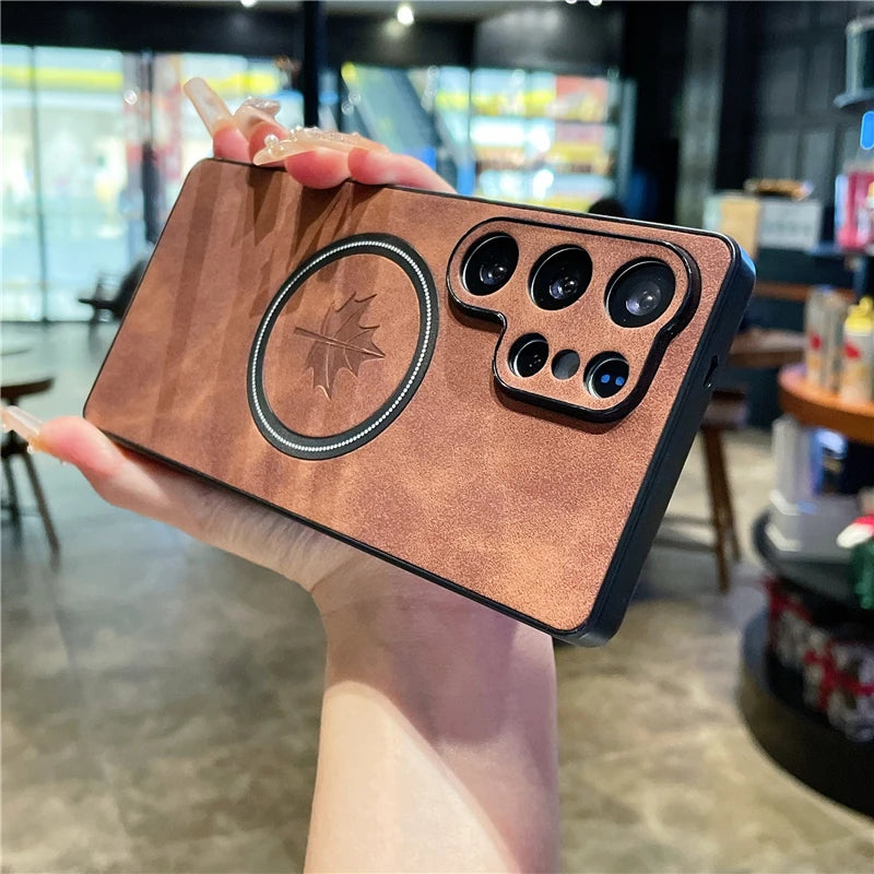 Leather Deer Maple Phone Case | Magnetic Charging Cover for Galaxy