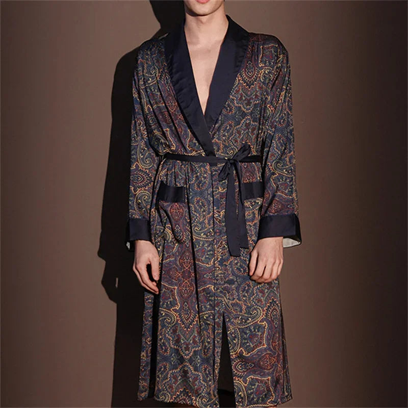 Spring Summer New Mens Robe Printed Bathrobe Kimono Gown Silky Satin Male Sleepwear Night Clothes Loose Casual Homewear Pajama