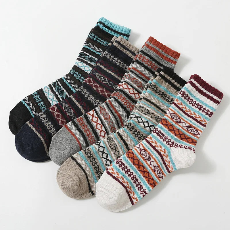 Men's Thick Cotton Mid Tube Socks | Warm Retro Ethnic Stripes