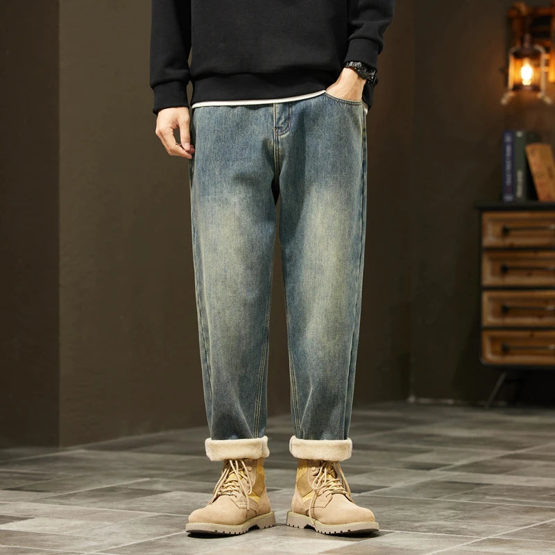 Men's Retro Loose Winter Fleece Jeans | Warm Plush Velvet Pants
