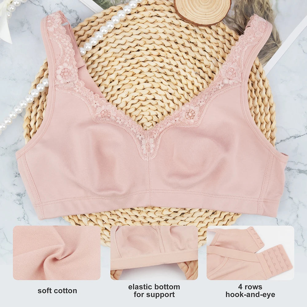Women's Plus Size Floral Lace Wire-Free Cotton Bra for Comfort