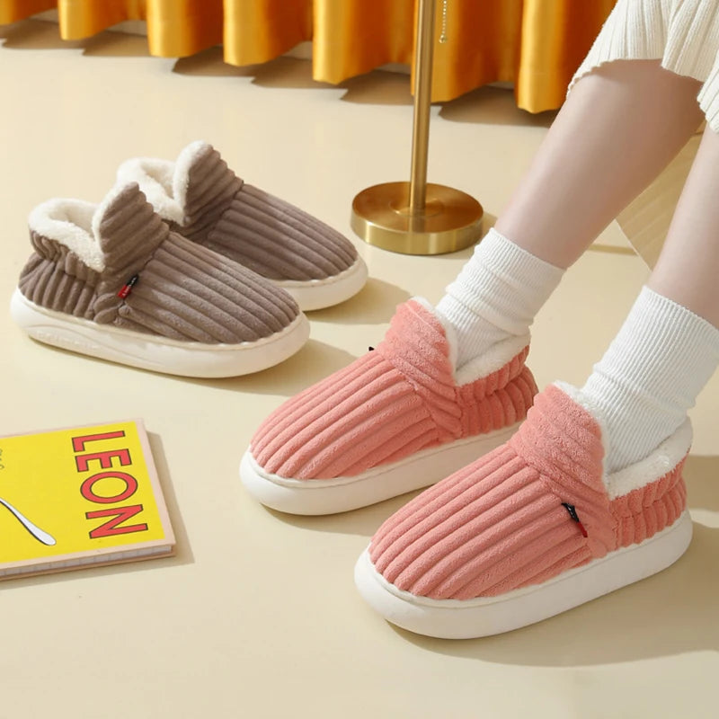Cozy Winter Plush Corduroy Slippers | Non-Slip Indoor Shoes