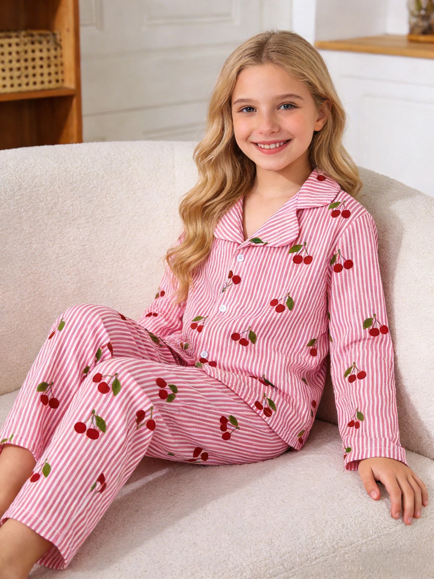 Girls' Cherry Sleepwear & Pants Set | Cozy Home Wear for All Seasons