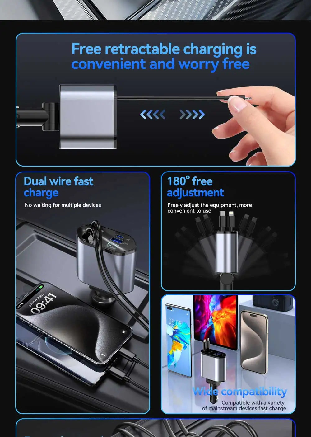 120W 4-in-1 Car Charger | Fast Retractable Charging Adapter