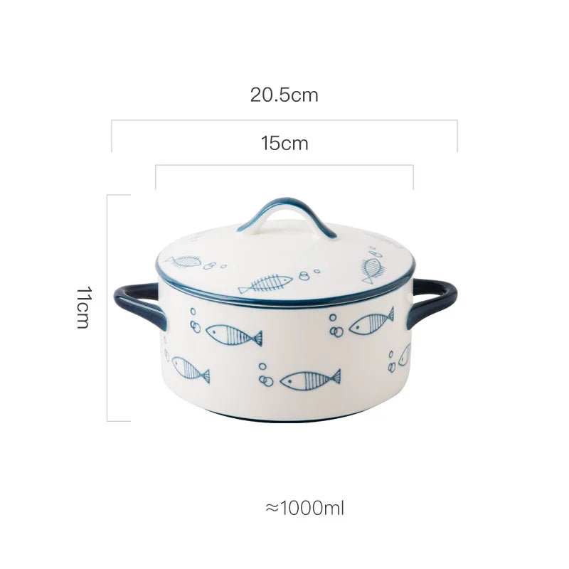 Ceramic Double Ear Bowl with Cover | Perfect for Noodles & Soup